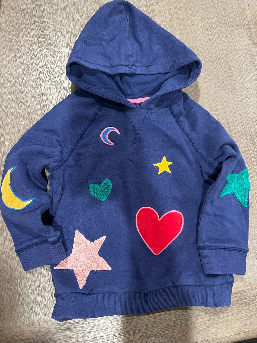Mini Boden Navy Hoodie with Colorful Heart, Star & Moon Appliqués